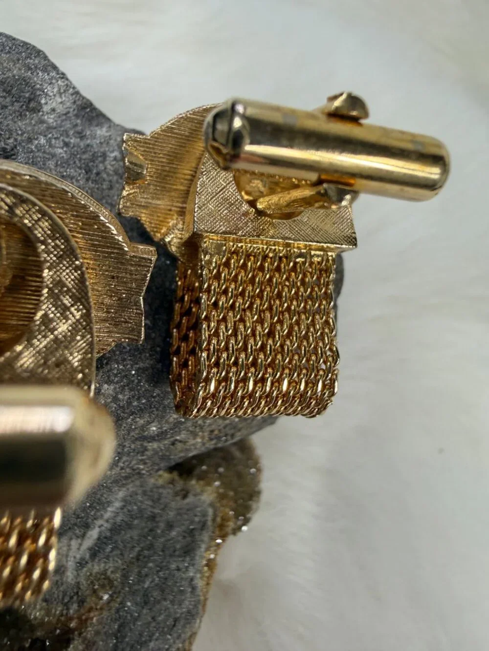 Vintage Unakite Stone Gold Tone Mesh Cuff Links Cufflinks MCM 1.25